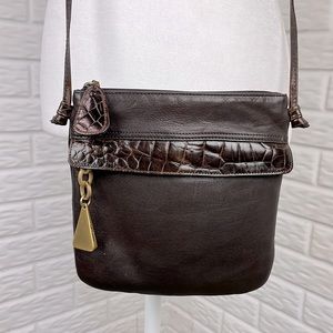 AMERICANA BY SHARIF GENUINE BROWN LEATHER AND CROC EMBOSSED CROSSBODY BAG